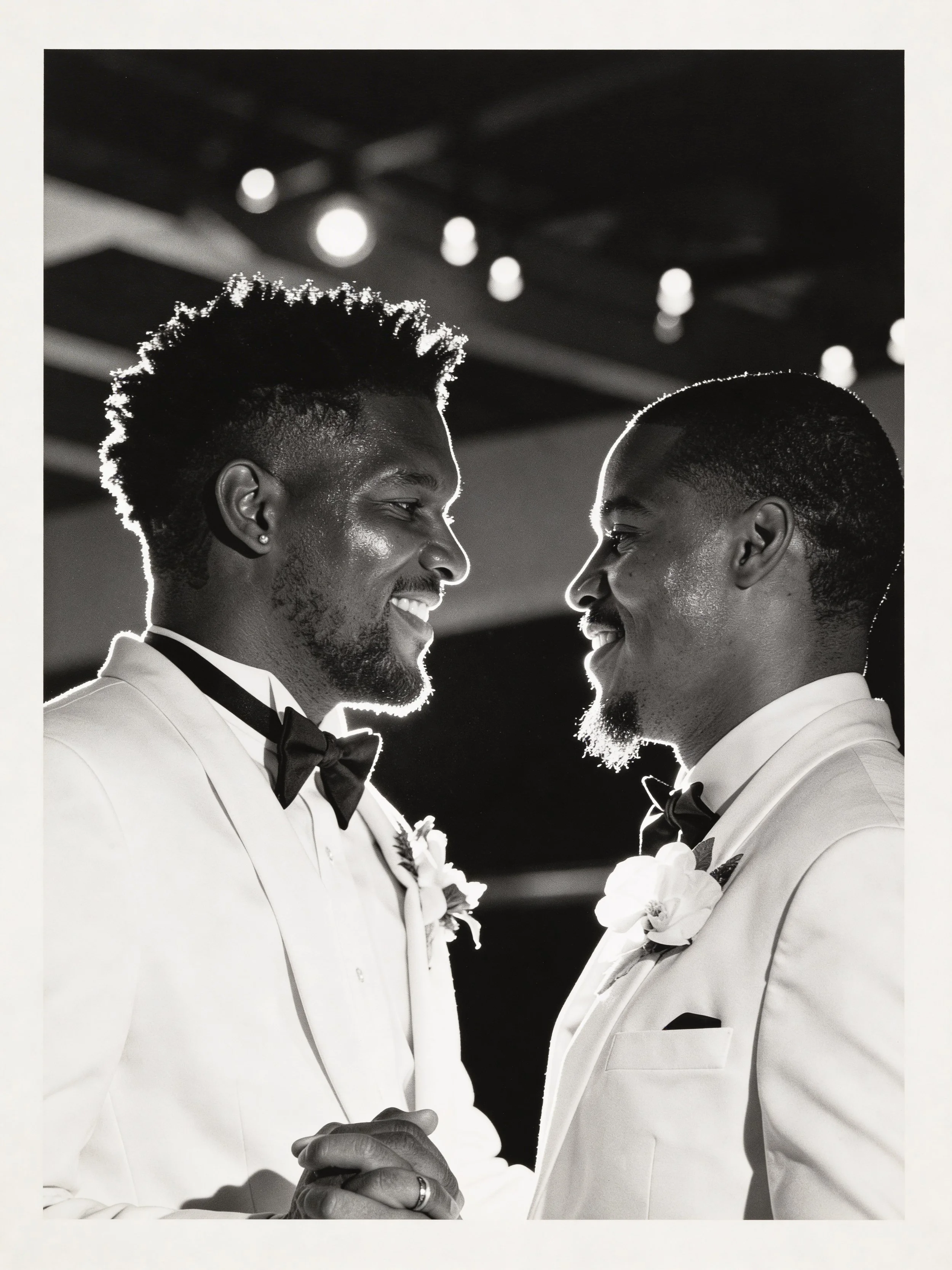 Black and white photo of two men in tuxedos facing each other, smiling, with their foreheads and hands touching, in a tender moment.