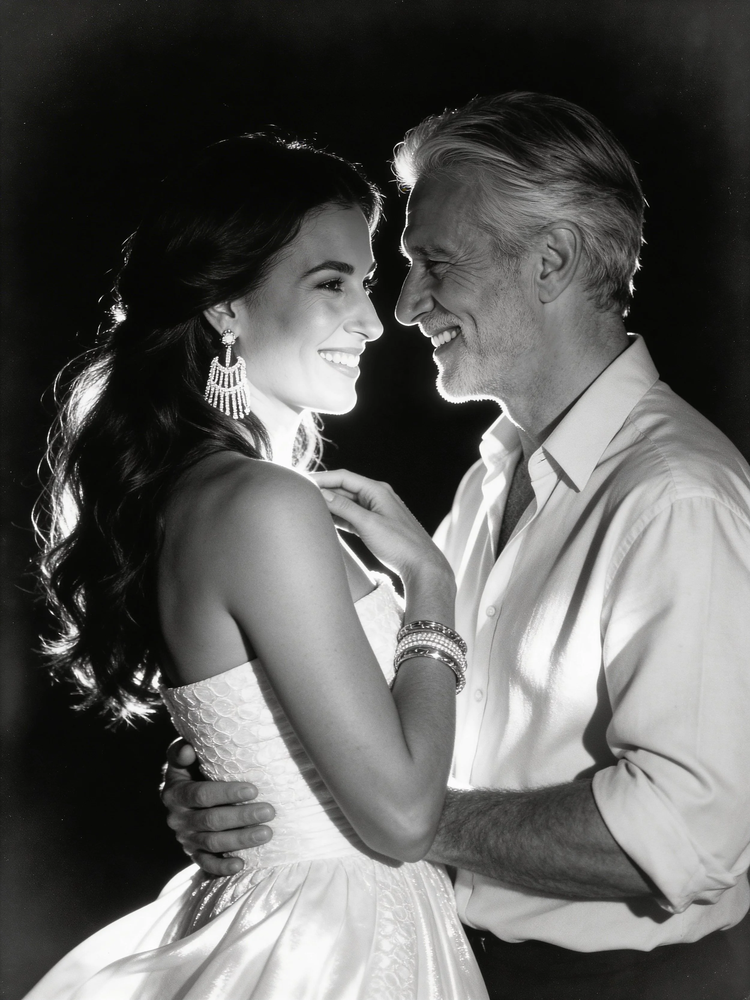 Black and white photo of a smiling man and woman facing each other, close-up, in wedding attire. The woman has long, dark, wavy hair and wearing earrings and bracelets. The man has short, styled hair and a beard, wearing a light-colored shirt. They a