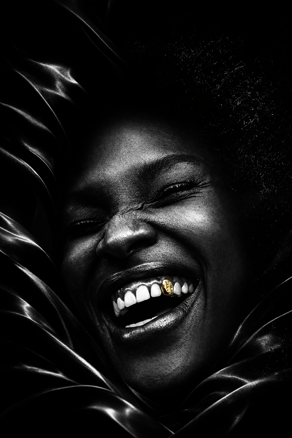 Close-up of a joyful Black woman smiling with eyes closed, surrounded by glossy dark leaves, in black and white with a gold accent on her teeth.