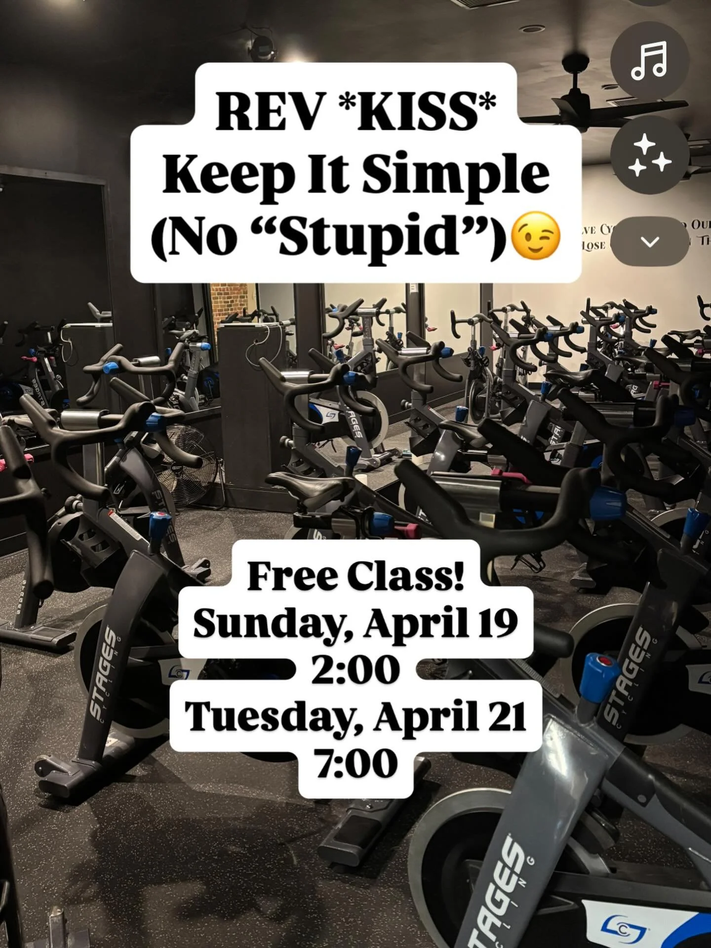 *Booking Is Live!*

Rev KISS&hellip;This dialed back, 30 minute ride combines all we do but just a wee bit slower. That means&hellip;less complicated choreography, easier climbs, and refined races!  This ride is perfect for beginners, people on the g