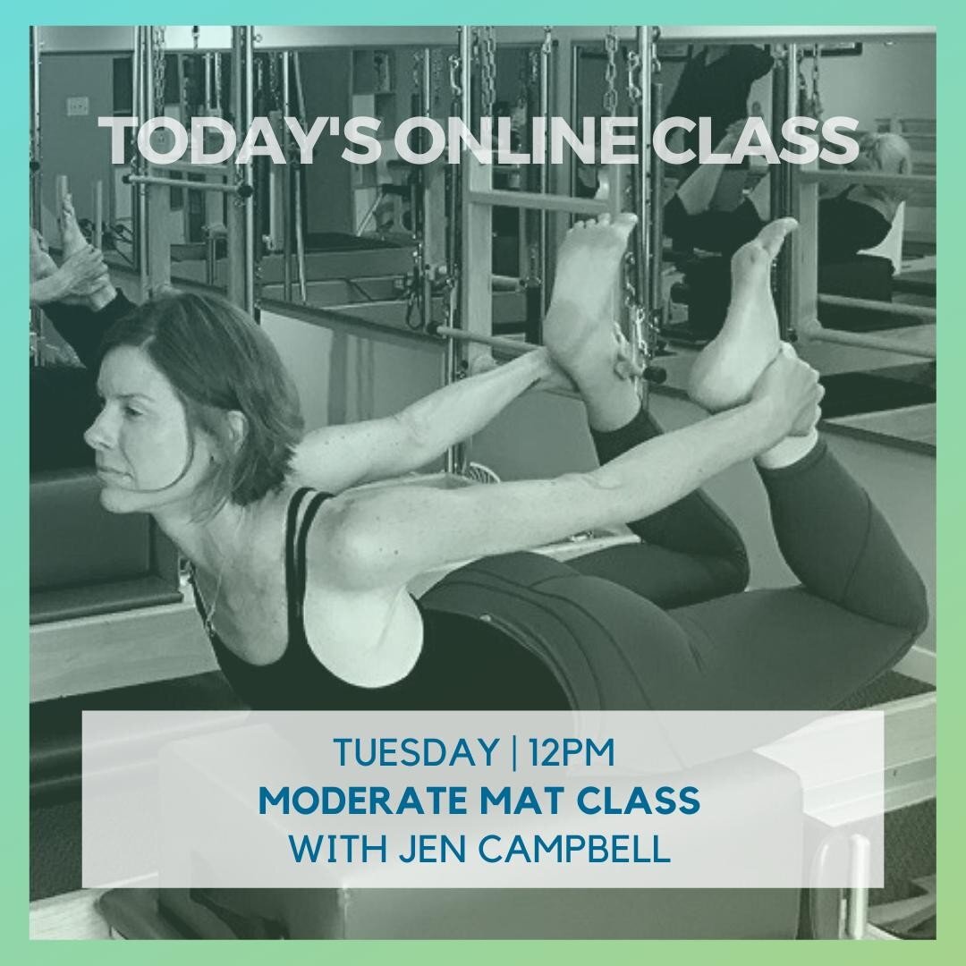 The next online class this week is a Moderate Pilates Mat session taught by Jen Campbell! It's a great way to break up your day at home. Be sure to register in advance. Find the link in bio. #pilatesonline #pilatesforhome #pilatesforlife
.
.
.
.
.
.
