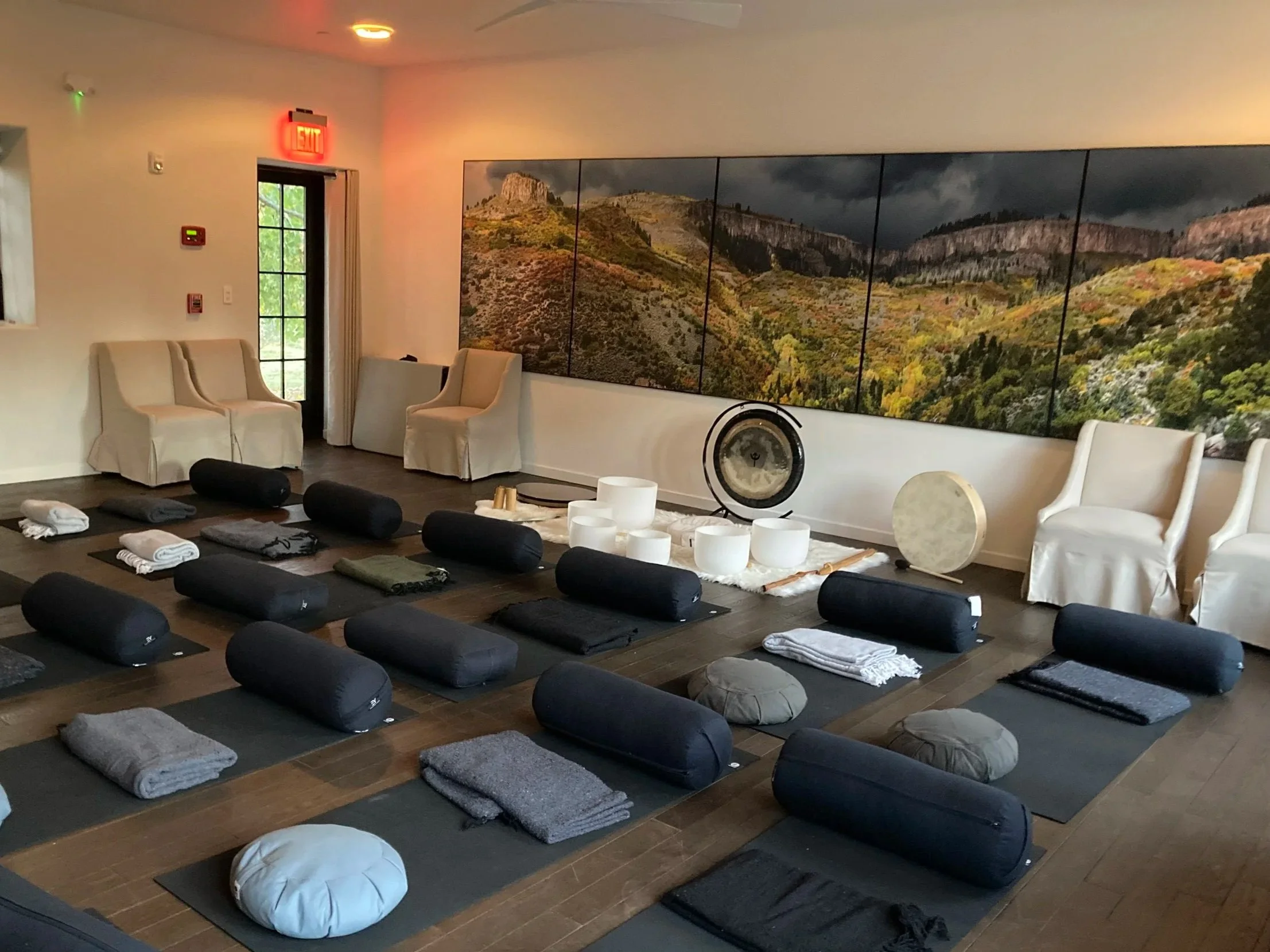 Yoga class setup in a room with mats, bolsters, and folded towels arranged on a wooden floor. There are white chairs along a wall, and a large scenic landscape mural on the wall depicting mountains and trees. Meditation bowls and other musical instruments are also present.