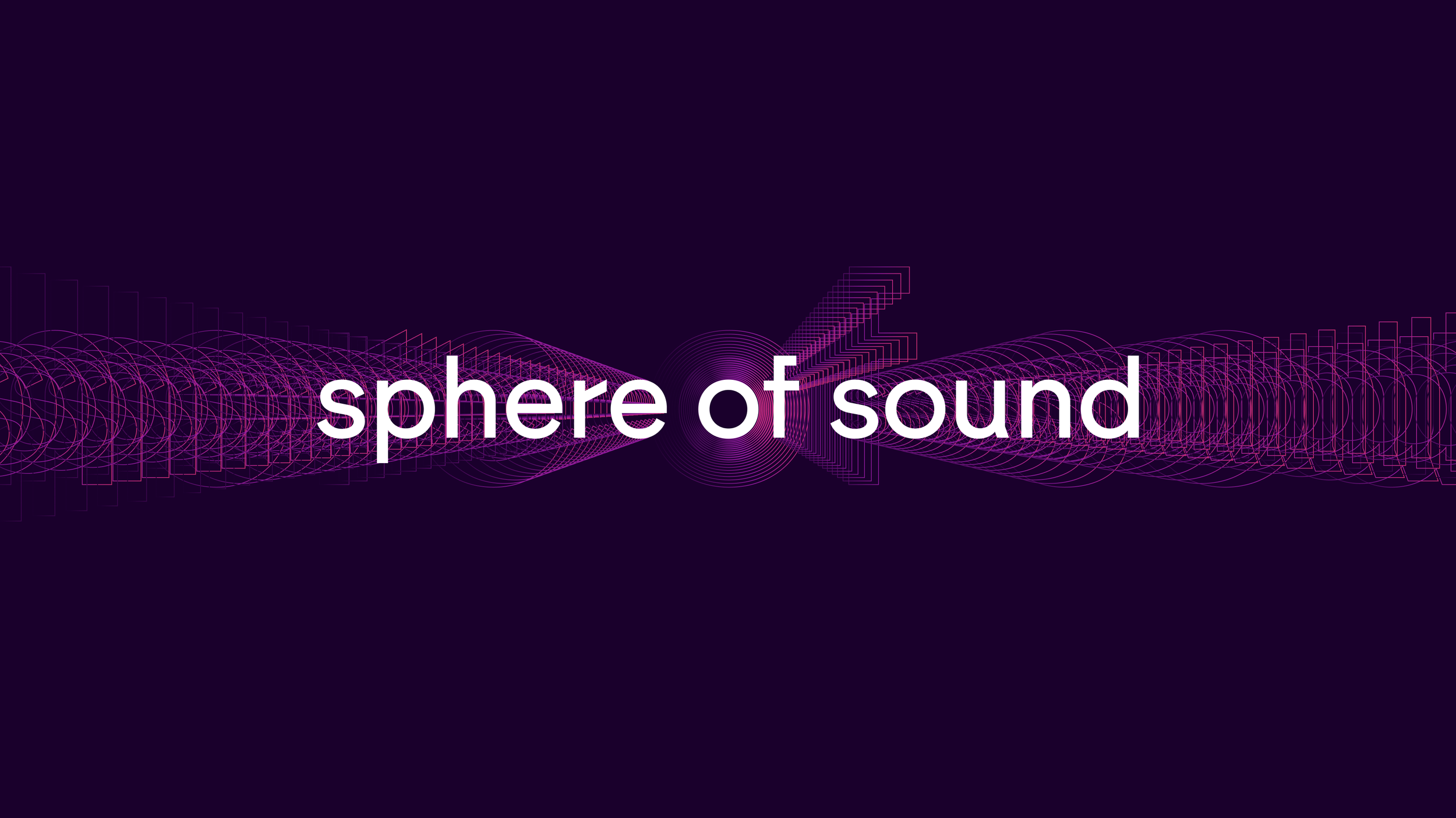 Digital graphic with the words 'sphere of sound' over a purple background with sound wave patterns.