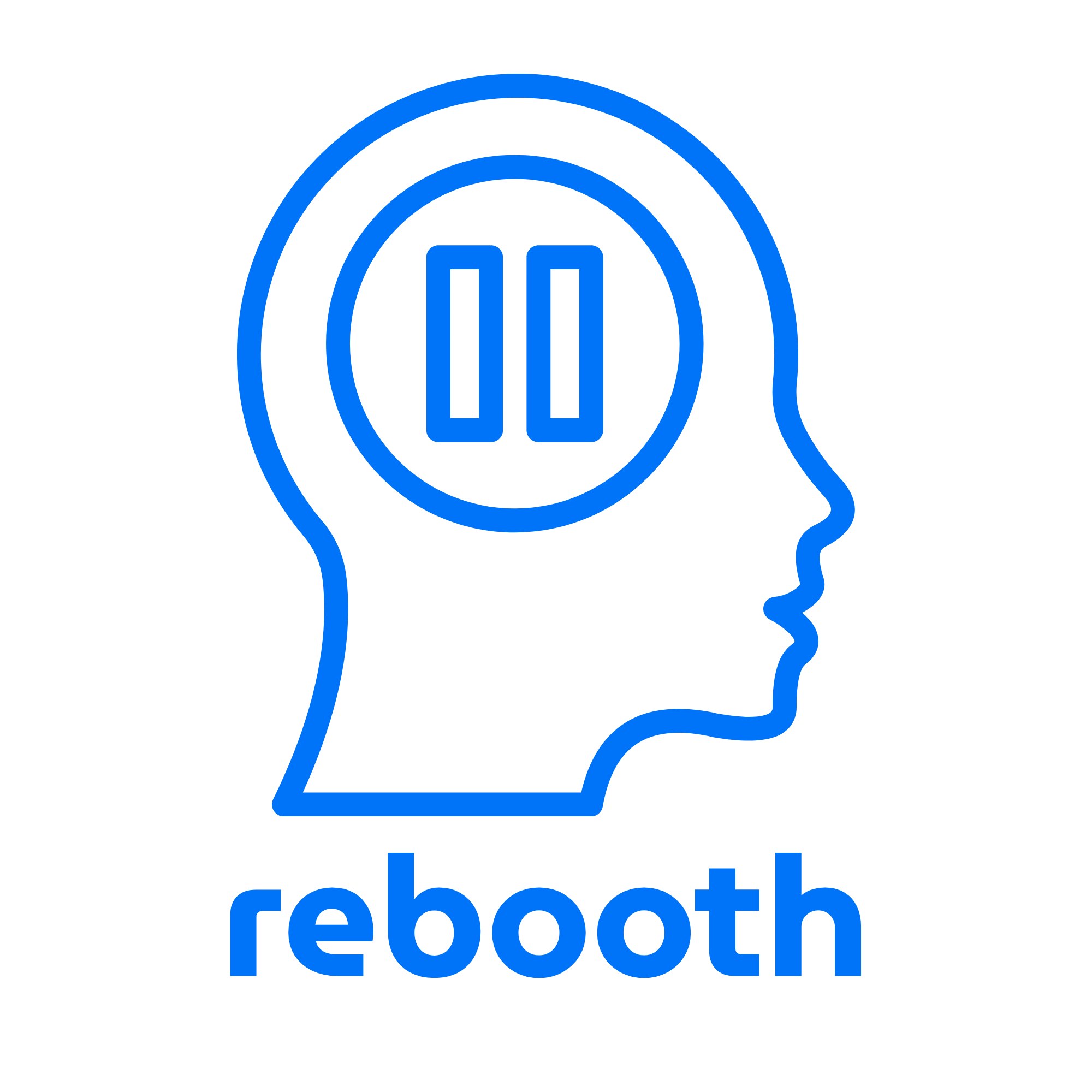 The Facebook Reboot logo features a stylized human head outline in blue with concentric circles around it, and the words 'facebook reboot' beneath in blue.