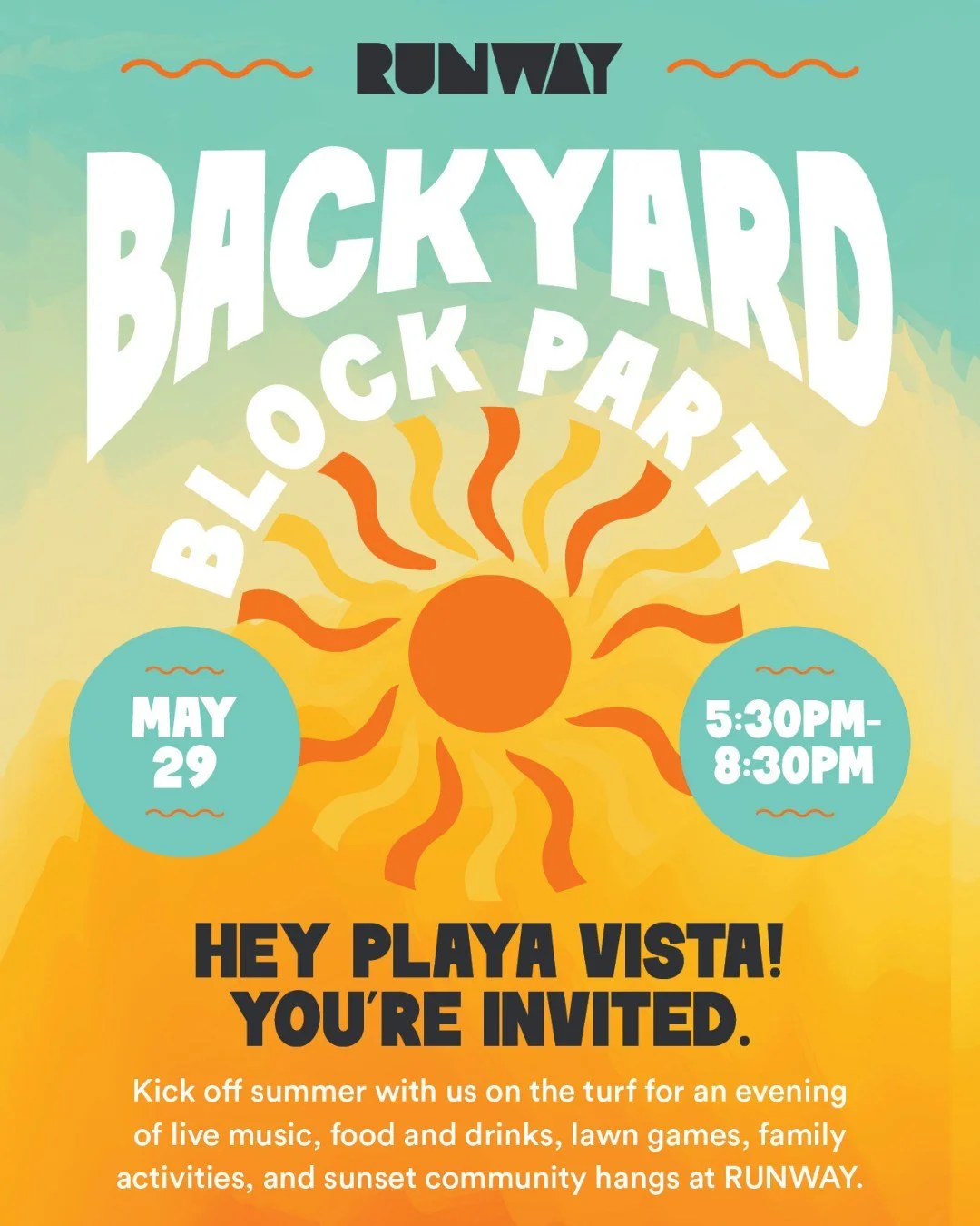 Long summer nights start here. ☀️ Join us on The Turf for RUNWAY&rsquo;s Backyard Block Party featuring live music, lawn games, family-friendly fun, great food, cold drinks, and all the easygoing summer vibes Playa Vista does best. Bring the kids, me