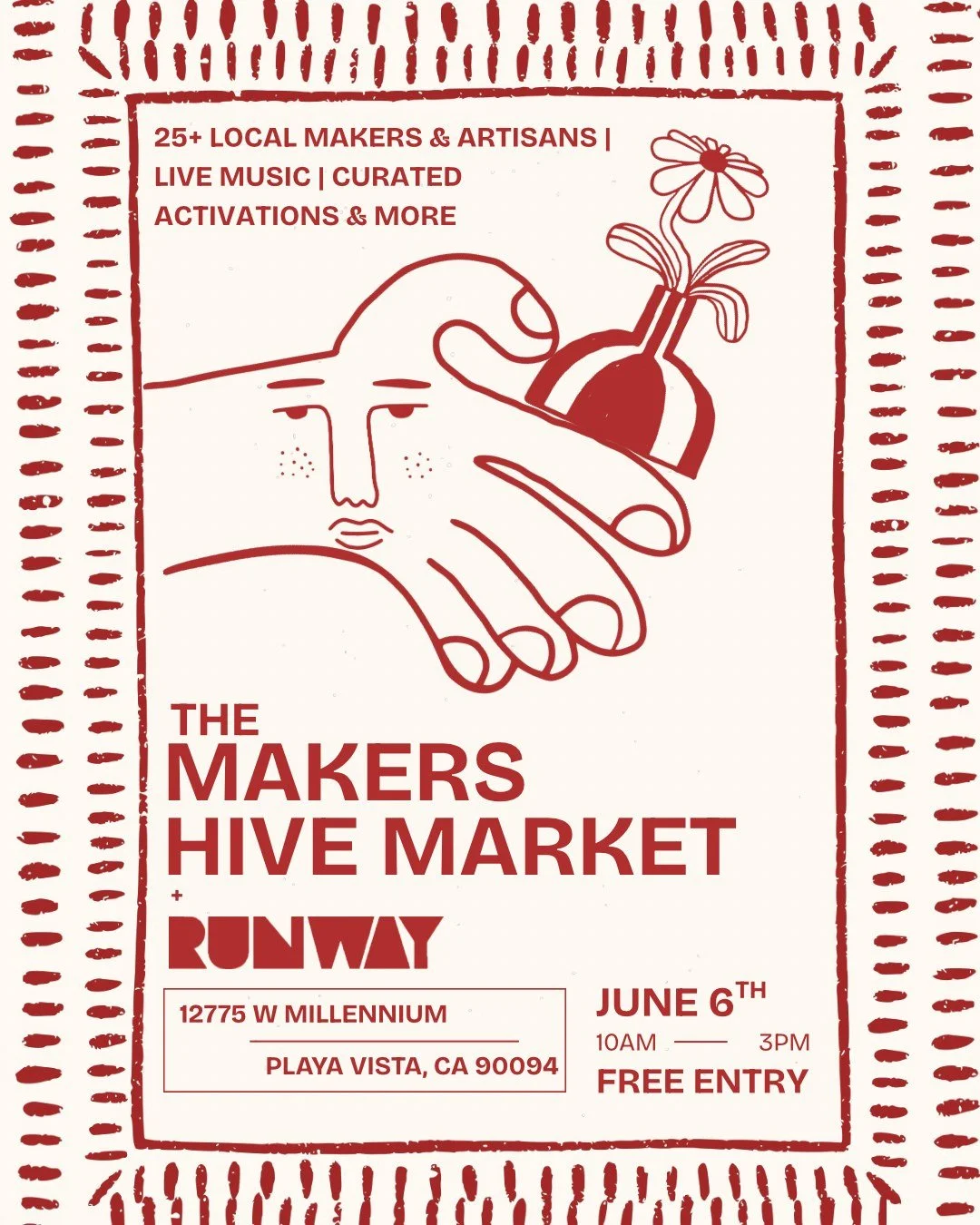 A market worth marking your calendar for. The Maker&rsquo;s Hive Market is happening at RUNWAY Playa Vista on June 6th from 10:00 a.m. - 3:00 p.m.

This market is bringing together 25+ local makers, artists, and artisans for a day of shopping small a
