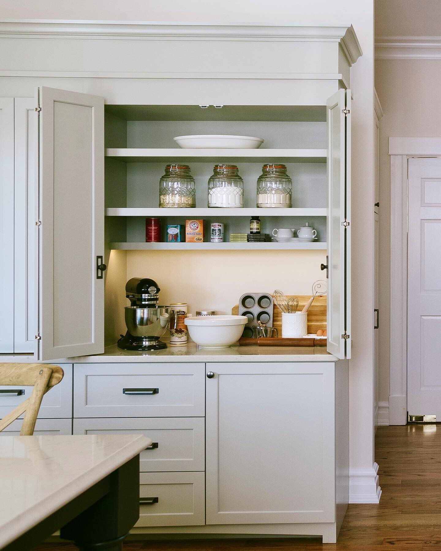 Ready set bake! This counter top cupboard is the baking center of my dreams. Designed specifically for a client with a spot for everything she needs for Sunday afternoon baking. Store it. Use it.Hide it!