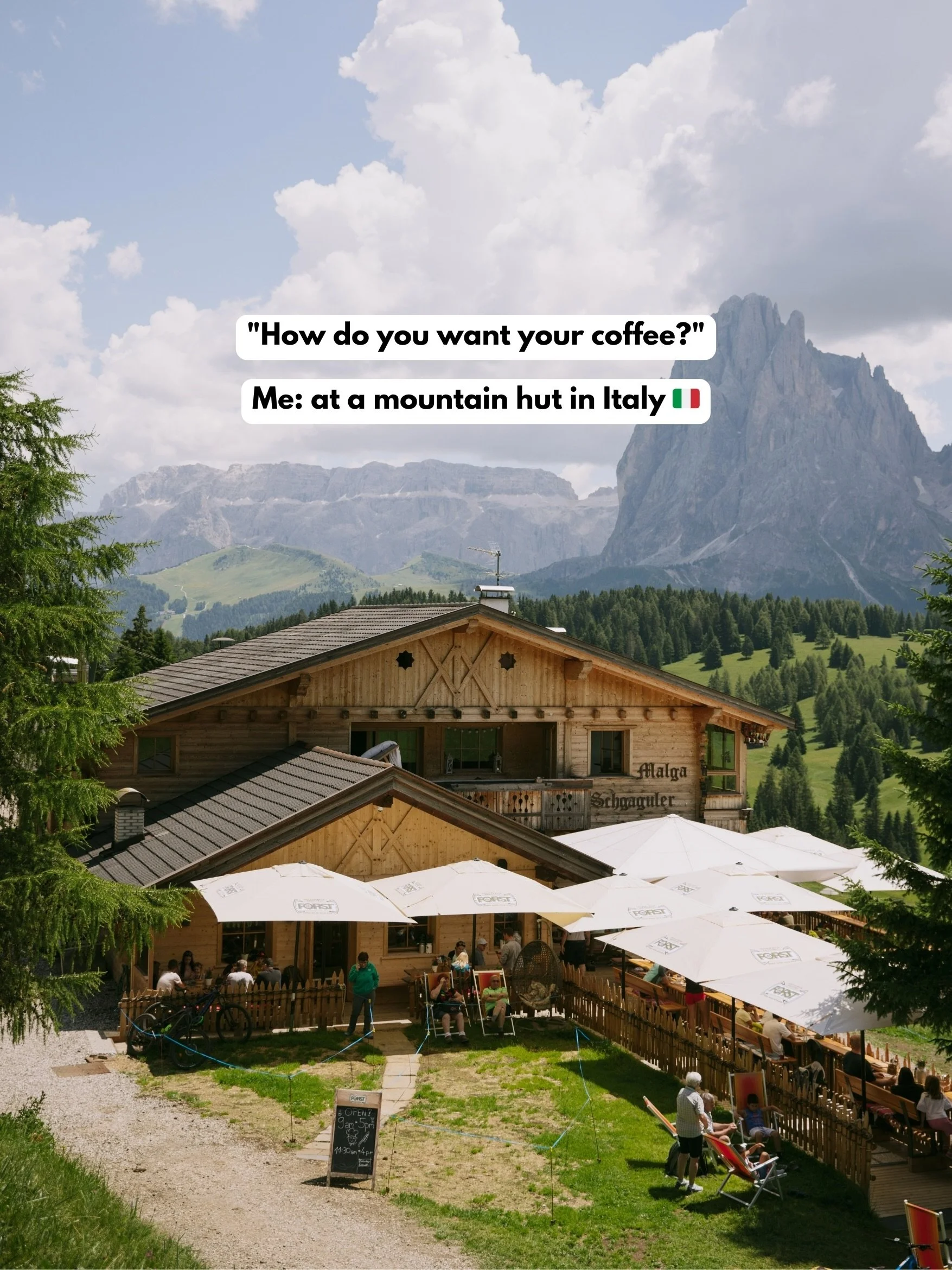 Send this to your travel buddy as a not-so-subtle hint 👀☕️⛰️🇮🇹

Hiking in the Italian Dolomites NEEDS to be on your bucket list!

Not only for the insane mountain scenery, but also for the fact that you can have delicious cappuccinos (and full mea