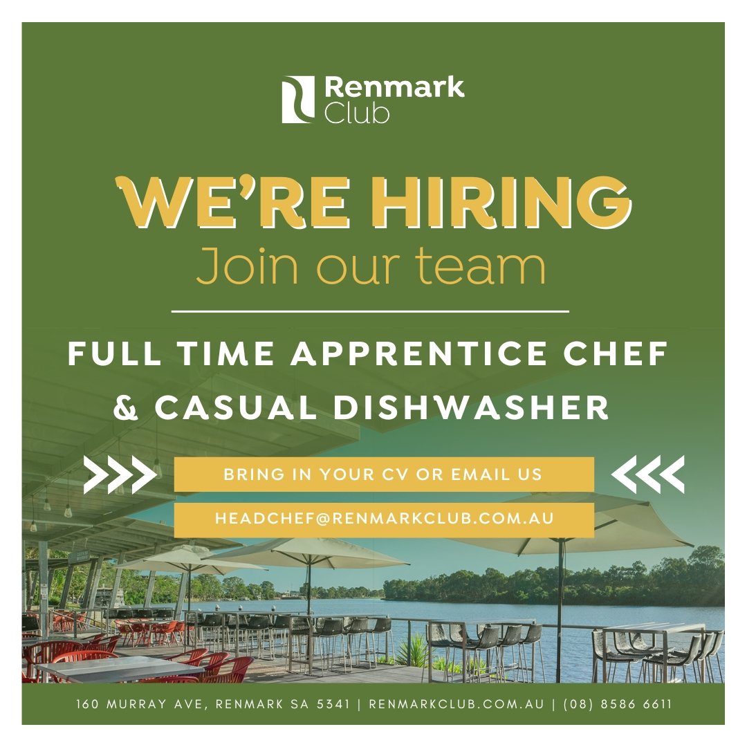 We're hiring! We're currently seeking a Full Time Apprentice Chef and a Casual Dishwasher to join the team at the Club. 

Please feel free to drop in your CV or email headchef@renmarkclub.comau

Please feel free to tag anyone you know might be suitab