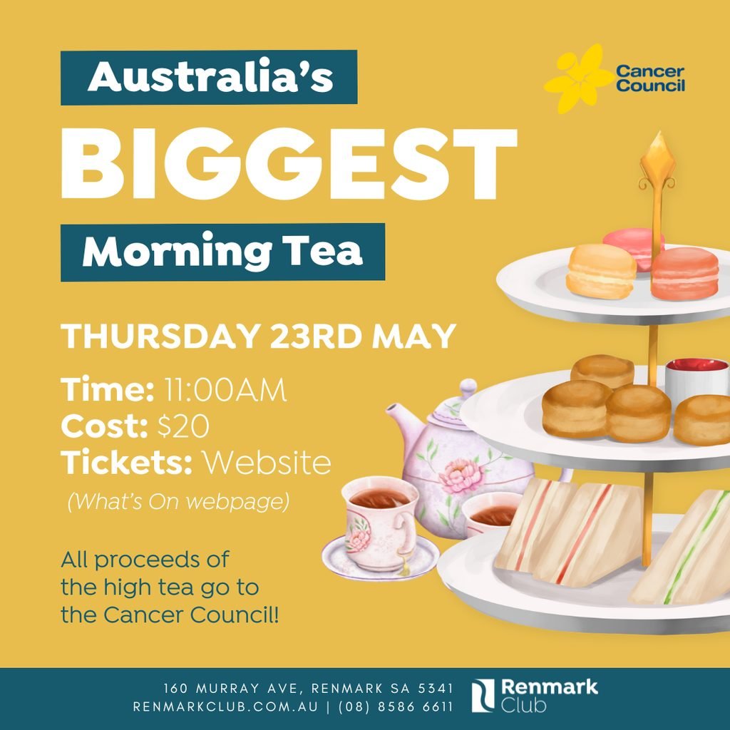 Join us for a heartwarming cause! 🍰☕ We're hosting the Biggest Morning Tea on Thursday May 23rd in support of the Cancer Council. Indulge in a delightful high tea spread while contributing to a vital cause. Tickets are $20 and all proceeds go toward