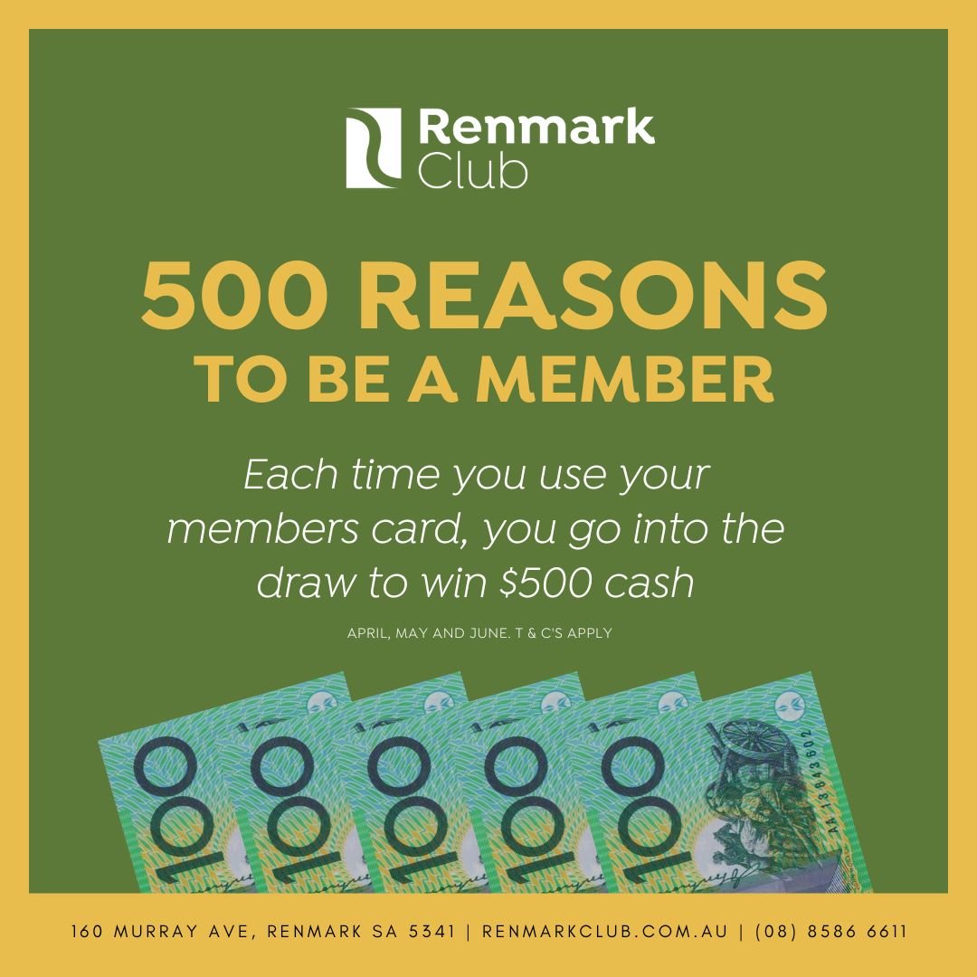 Exciting news alert! Discover the rewards of being a Renmark Club member! 💳✨ Win $500 each month until June 30th using your Renmark Club &quot;Members Card&quot;! 

🤑 Simply swipe your card every time you visit &ndash; whether it's for coffee, a ca