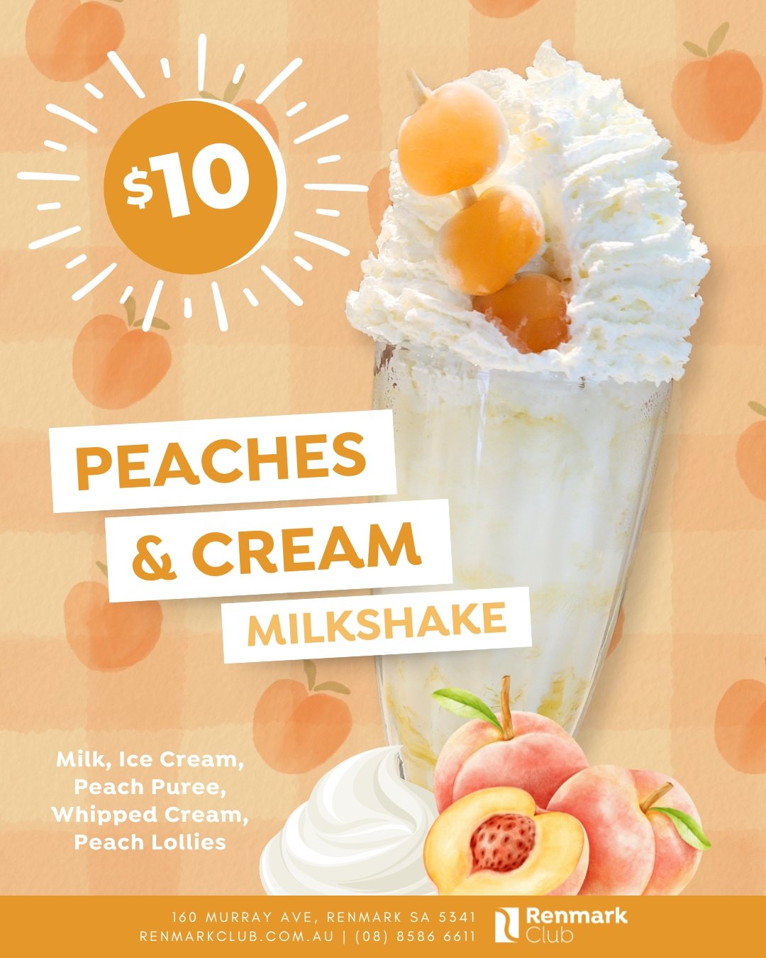 🍑🥤 March Milkshake of the Month &ndash; Just Peachy! 🍑✨

Indulge in a creamy, dreamy delight with our Peaches &amp; Cream Milkshake &ndash; a sip of pure bliss! 🍦💛

🌟 Milk, Ice Cream, Peach Pur&eacute;e, Whipped Cream &amp; Peach Lollies &ndash