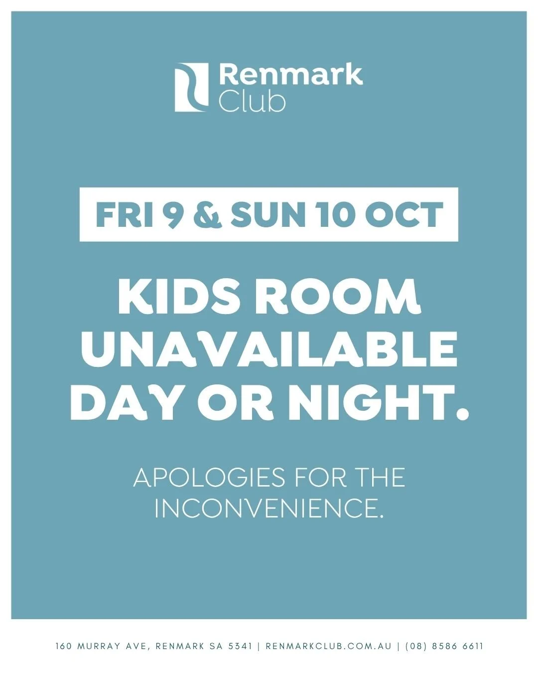 A quick heads-up for families visiting us this weekend.

Our Kids Room will be unavailable both day and night on Friday 9 and Sunday 10 October.

We apologise for any inconvenience and appreciate your understanding during this closure and look forwar