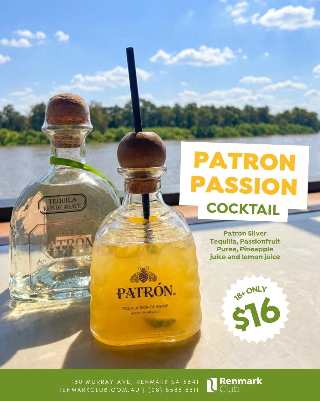 Tequila made us do it. 😏🍹

Meet our NEW Cocktail of the Month, the Patron Passion. Made for sunny afternoons on the deck, long sips, and even longer looks over the river. 

Featuring Patron Silver Tequila, passion fruit puree, pineapple and lemon j