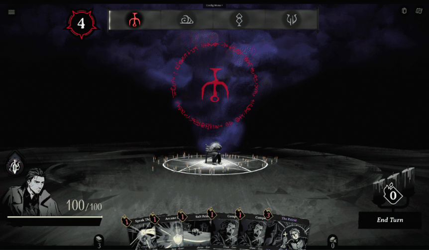Different gameplay views showing demons with glowing light and smoke effects around a possessed host in a chair