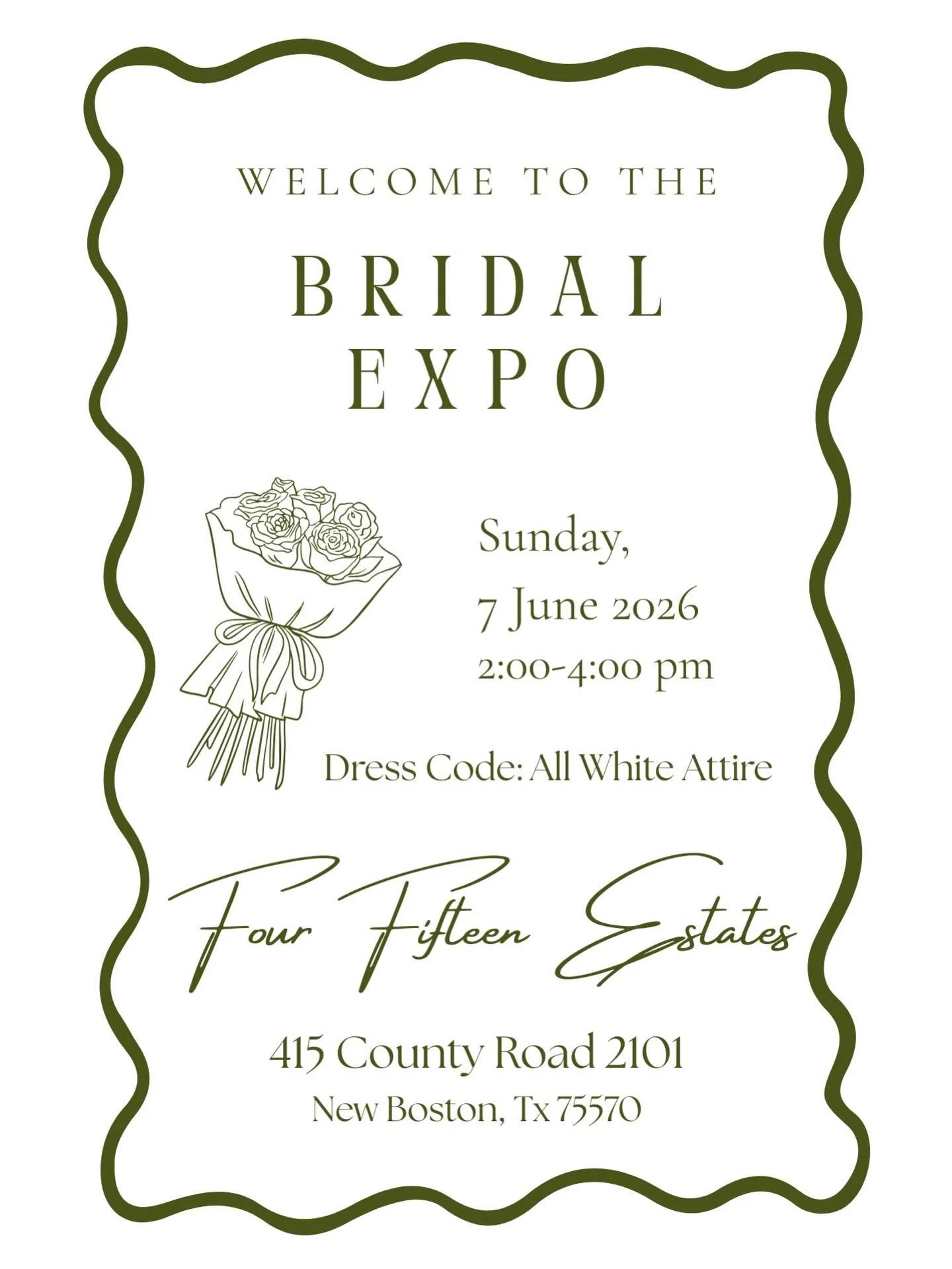 ✨ Brides-to-be, this is for YOU! ✨

Join us at Four Fifteen Estates for our upcoming Bridal Expo&mdash;an afternoon filled with inspiration, connection, and everything you need to start bringing your dream wedding to life 🤍
GET YOUR TICKETS FROM OUR