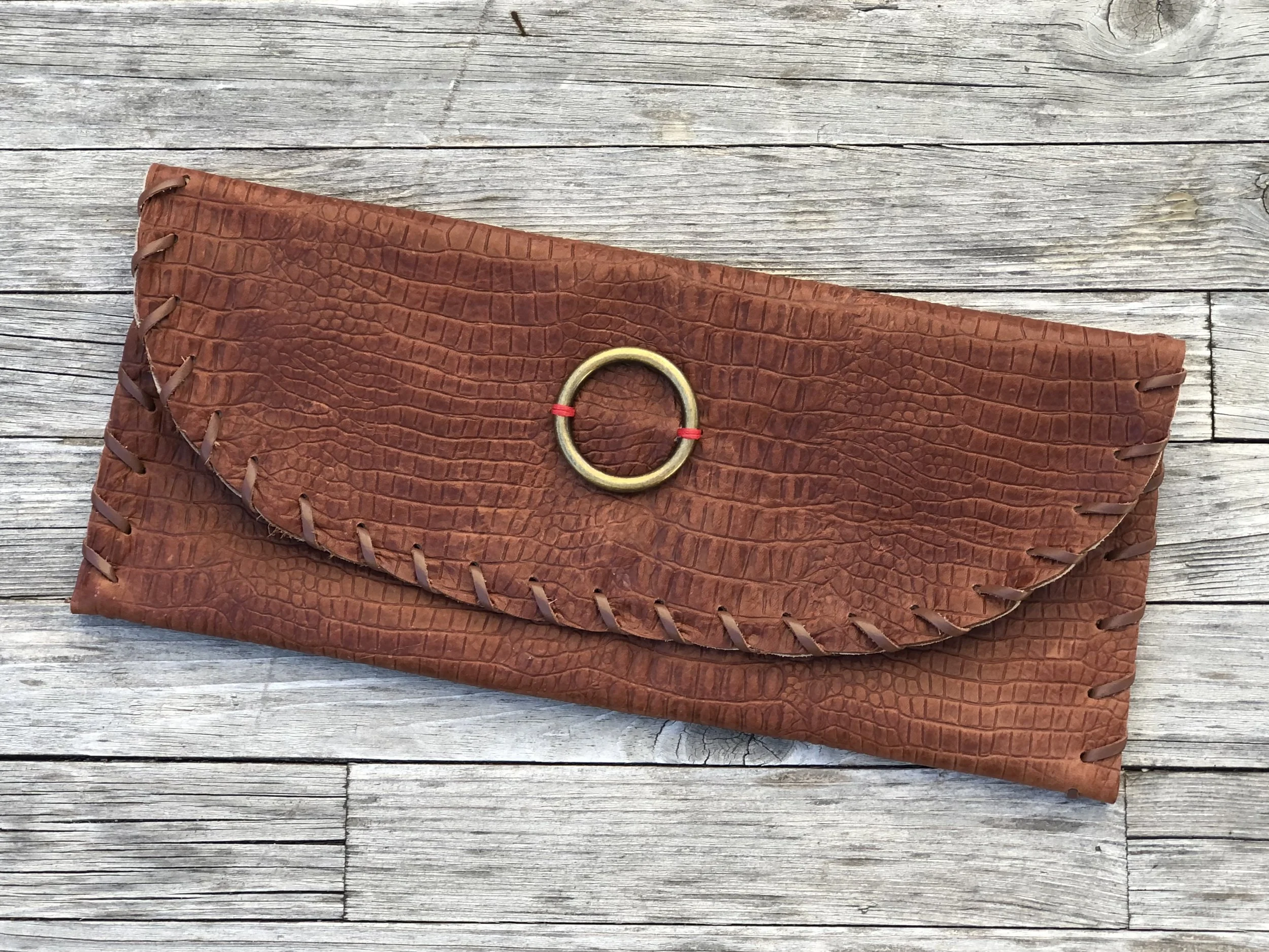Virginian Clutch - Cognac Embossed Croc with Brass Ring
