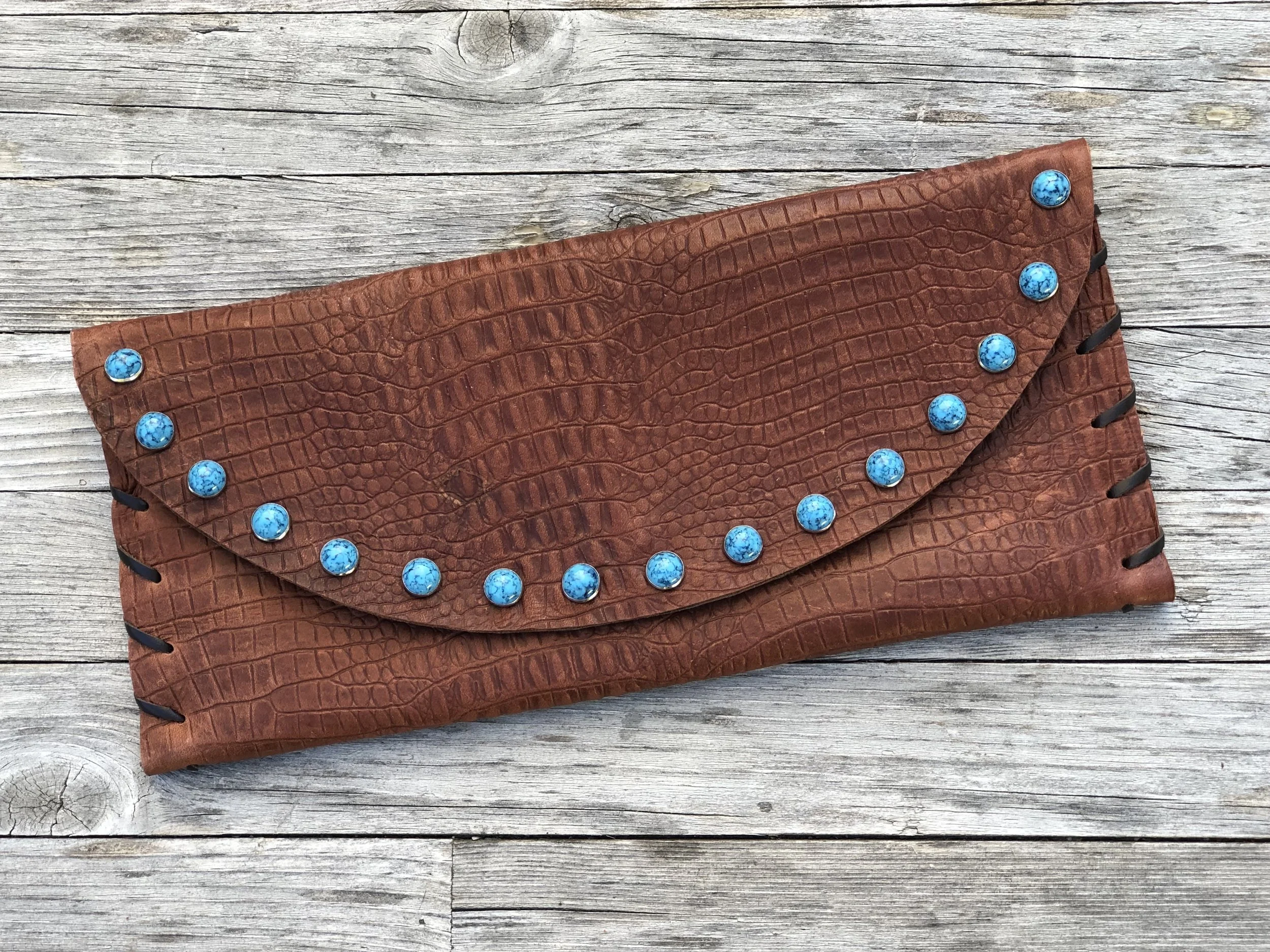 Virginian Clutch - Cognac Embossed Croc with Turquoise