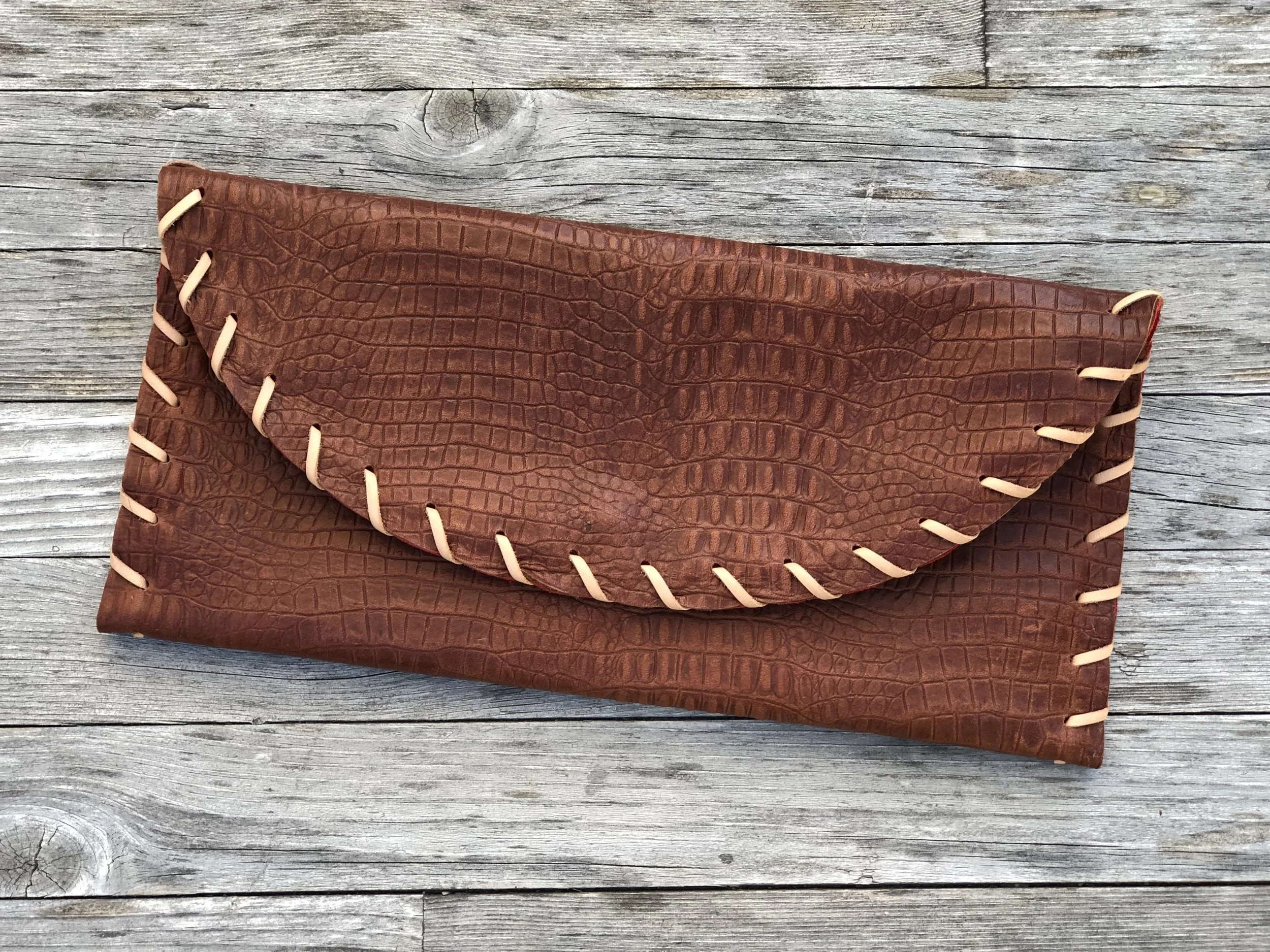Virginian Clutch -Cognac Embossed Croc with Natural