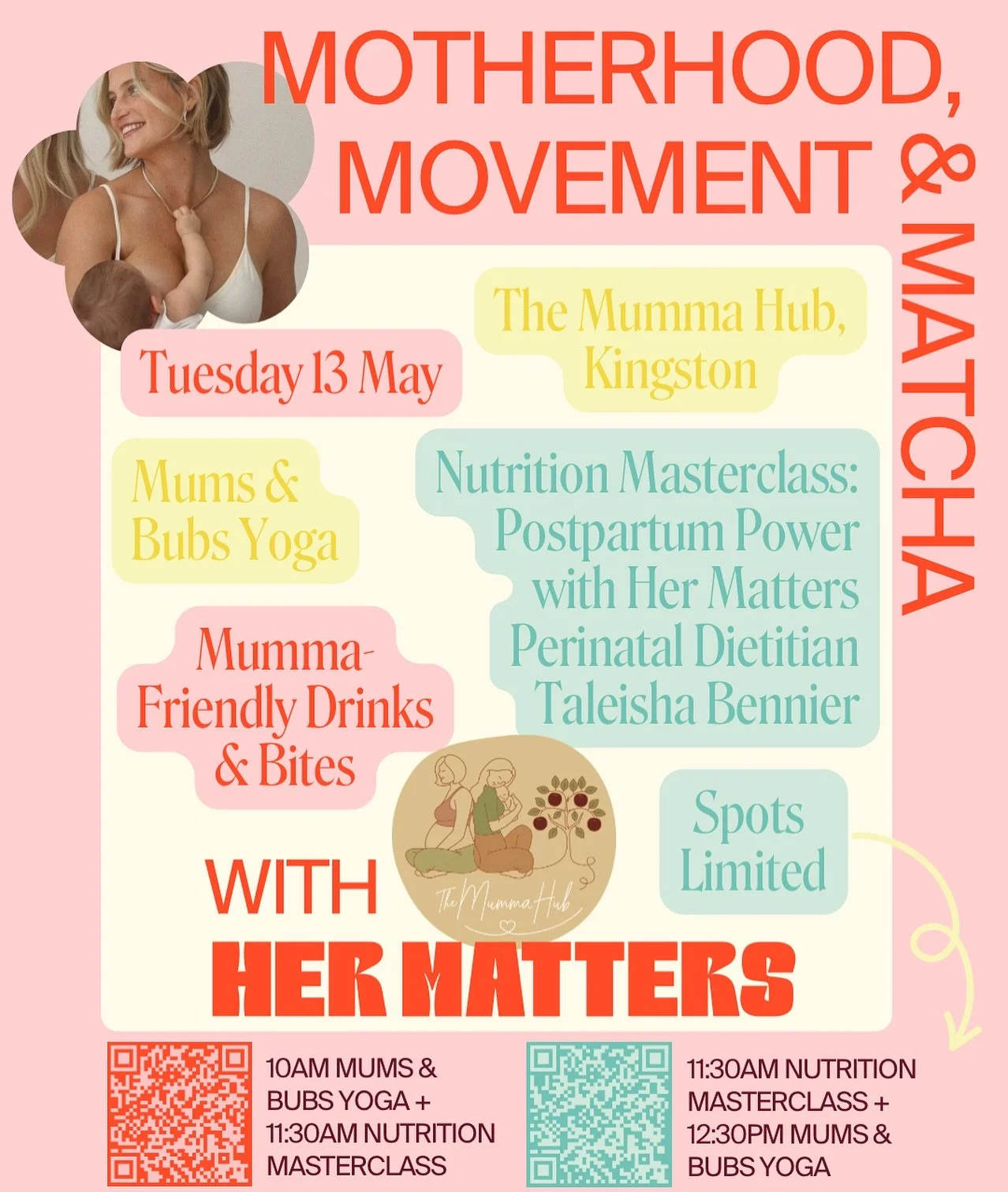 I&rsquo;m excited to team up with @hermattersclinic for this amazing yoga + masterclass with dietician Taleisha. My Sunday pregnancy workshop is already booked out with my prenatal yogis BUT my Mums &amp; Bubs has a few available spots with term book
