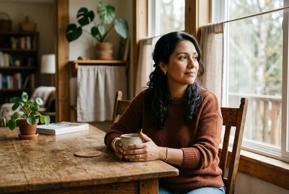 Parent sitting quietly with a cup of tea, reflecting on self-care after supporting a child's emotions.