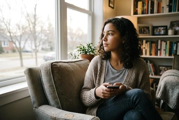 Young person looking out the window with phone in hand.