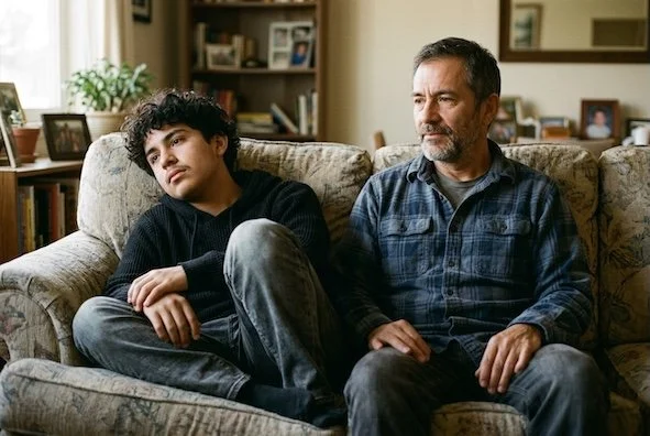 Parent and teen on the couch looking wistful.