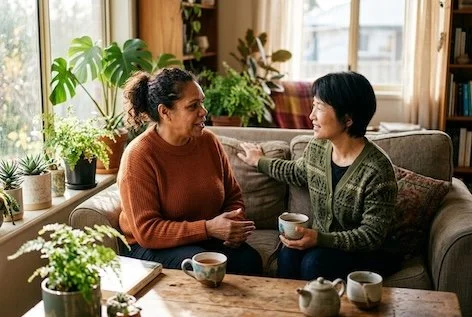two adults with cups of tea, one listening, warm setting.