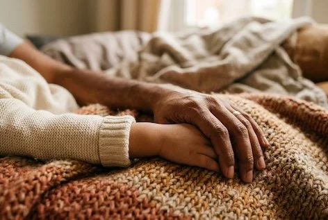 Adult hand resting gently near a child's hand, showing warmth and emotional support during Staylistening..