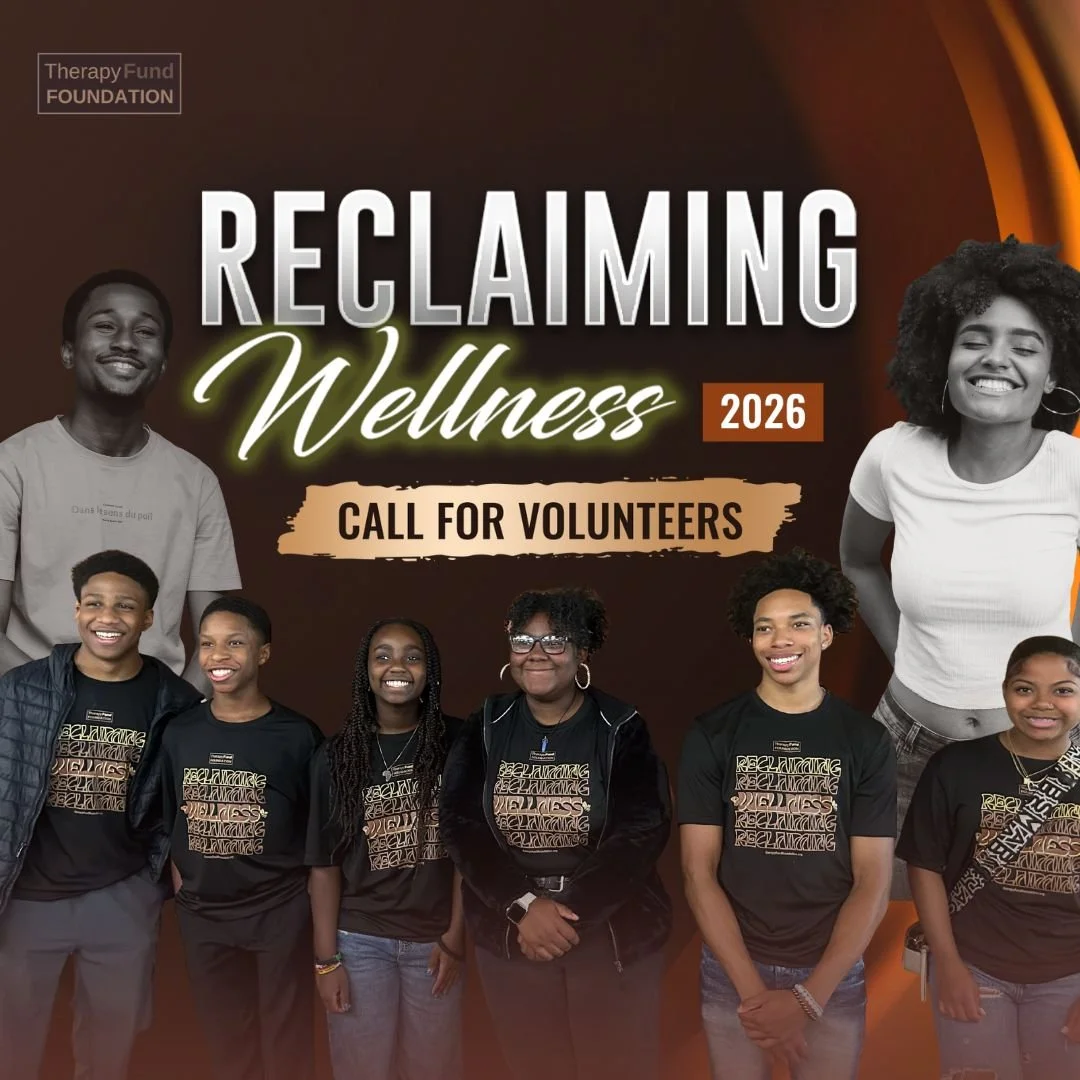A group of diverse smiling volunteers, including children and adults, standing together at the 'Reclaiming Wellness 2026' event poster, which calls for volunteers to support mental health wellness.