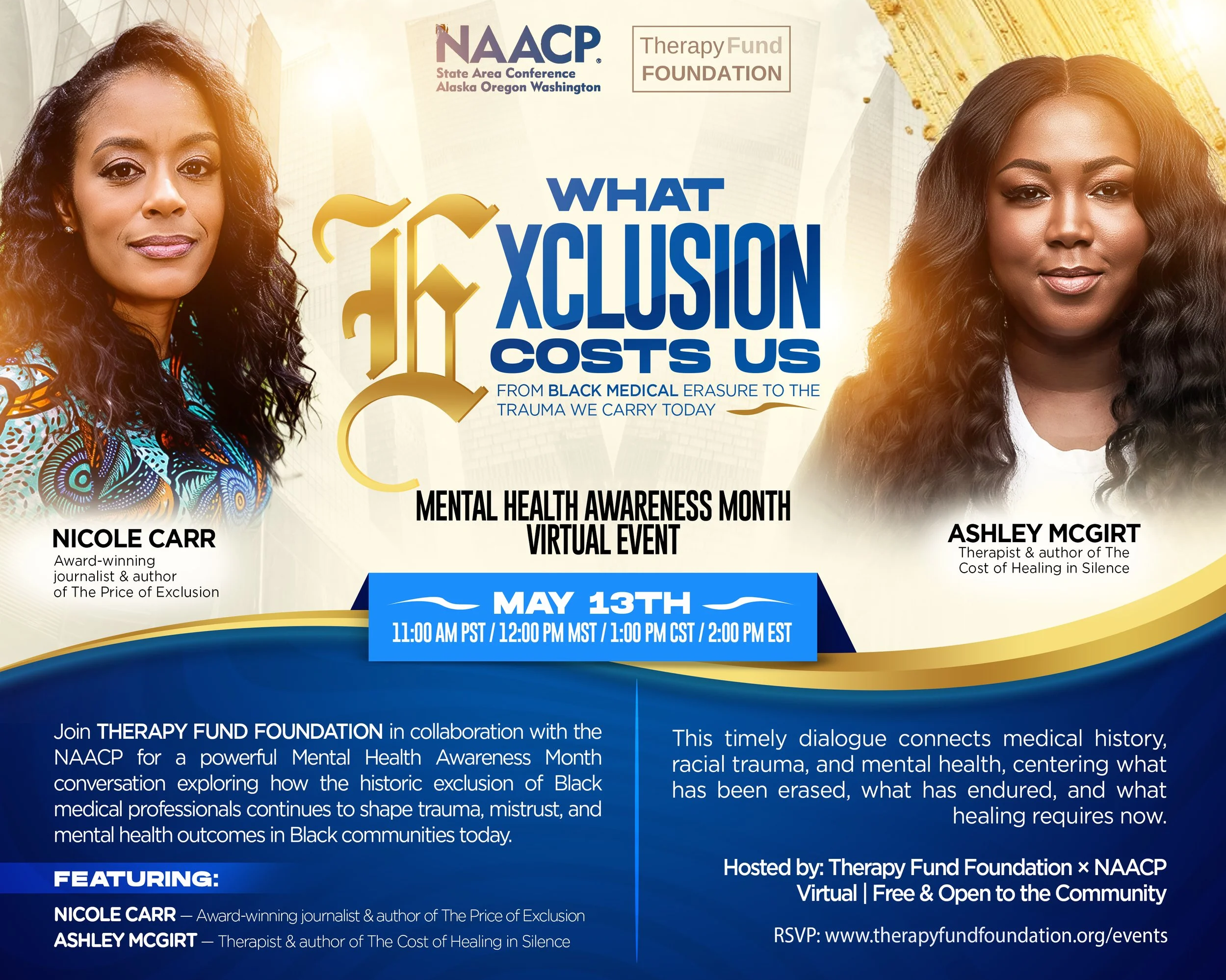 Digital poster for Mental Health Awareness Month virtual event titled 'What Exclusion Costs Us,' scheduled for May 13th at various times. Features images of Nicole Carr and Ashley McGirt, with details about the event, hosts, and RSVP link.