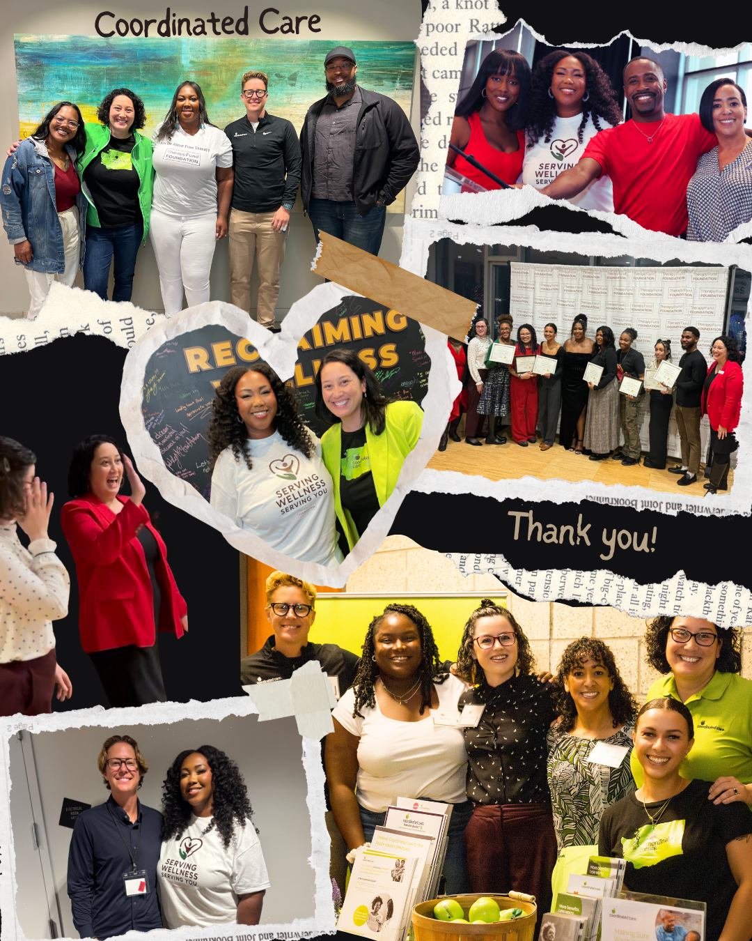 Collage of photos featuring diverse groups of women at a community event, some holding certificates, smiling, and engaging in conversations with a banner reading 'Coordinated Care' and other signs of appreciation such as 'Thank you!'.