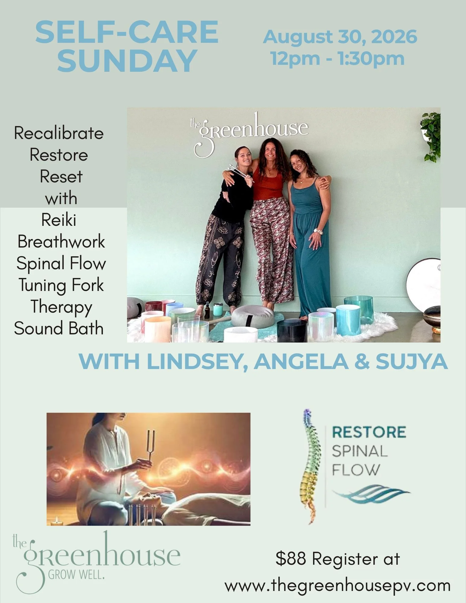 Self-Care Sunday: Spinal Flow, Breath-work, Reiki &amp; Sound Healing with&nbsp;Lindsay Bonham, Sujya Camp &amp; Angela Matthews