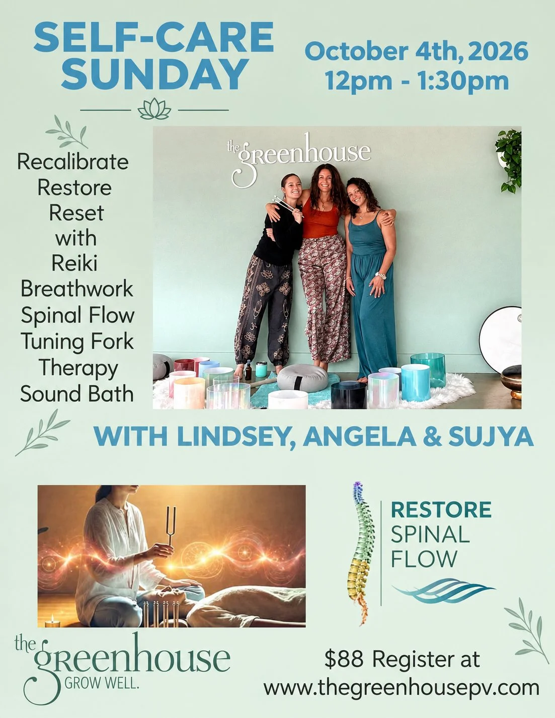 Self-Care Sunday: Spinal Flow, Breath-work, Reiki &amp; Sound Healing with&nbsp;Lindsay Bonham, Sujya Camp &amp; Angela Matthews