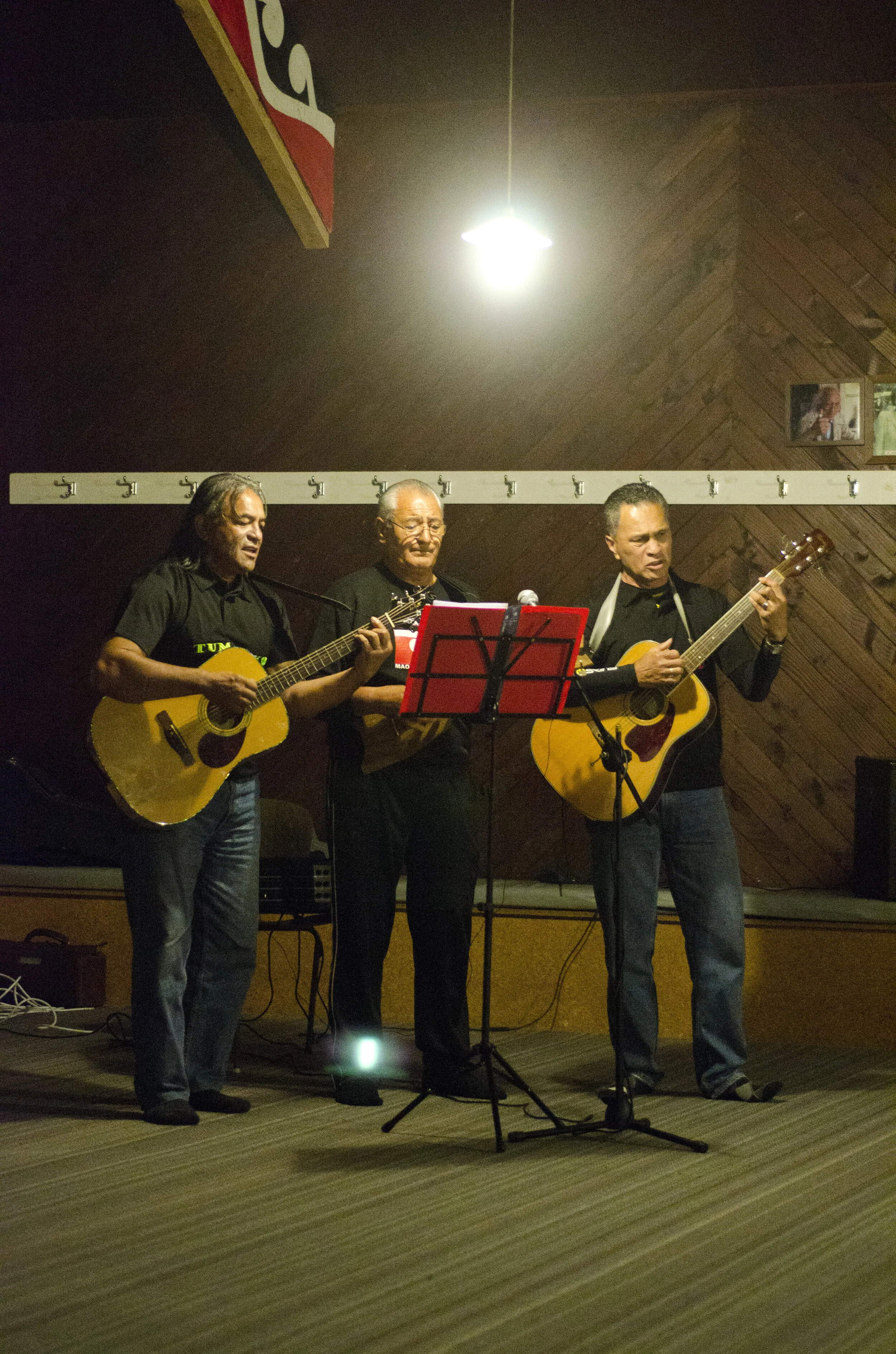 Local trio at the Welcome party at Morehu Marae