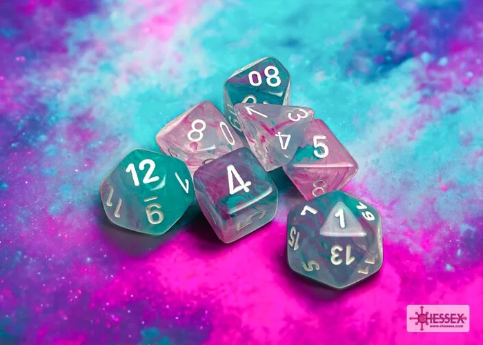 Chessex CHX 27545 Nebula Wisteria/white Luminary Polyhedral 7-Dice Set