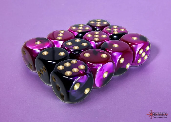 Chessex CHX 26640 Gemini Black-Purple/gold 16mm d6 Dice Block (12 dice)