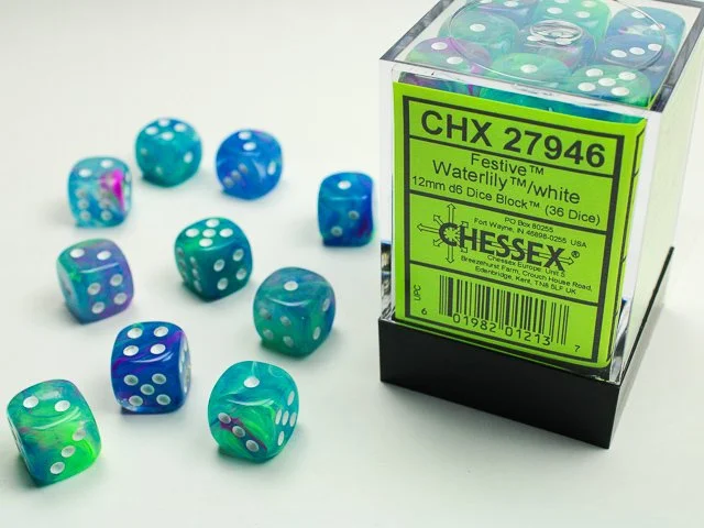 Chessex CHX 27946 Festive Waterlily/white 12mm d6 Dice Block (36 dice)