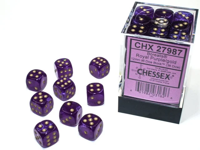 Chessex 27987 - Borealis Royal Purple/gold Luminary 12mm d6 Dice Block (36 dice)