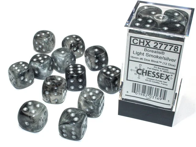 Chessex CHX 27778 Borealis Light Smoke/silver Luminary 16mm d6 Dice Block (12 dice)