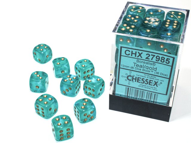 Chessex 27985 - Borealis Teal/gold Luminary 12mm d6 Dice Block (36 dice)