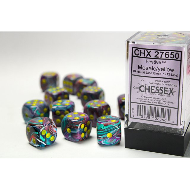 Chessex D6 Festive 16mm Mosaic/yellow Dice Block (12 dice)