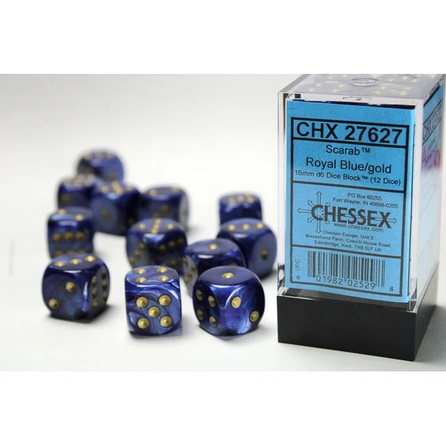Chessex CHX 27627 Scarab Royal Blue/gold 16mm d6 Dice Block (12 dice)