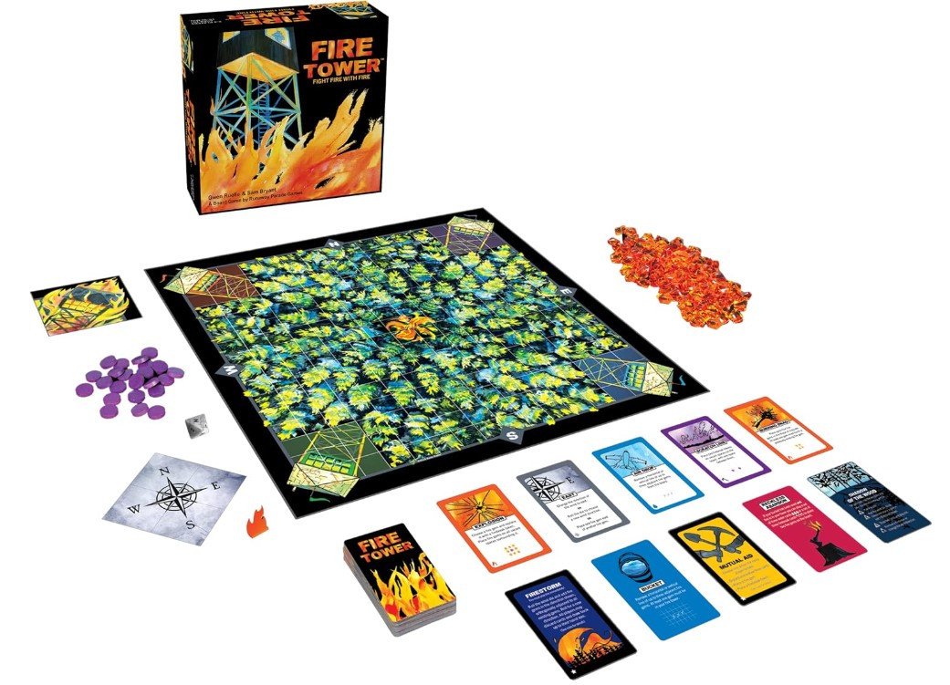 Fire Tower components – board, cards, fire gems