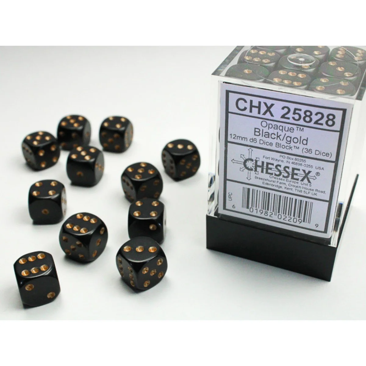 Chessex CHX 25828 Opaque Black/gold 12mm d6 Dice Block (36 dice)
