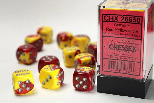 Chessex D6 Gemini 16mm d6 Red-Yellow/silver Dice Block (12 dice)
