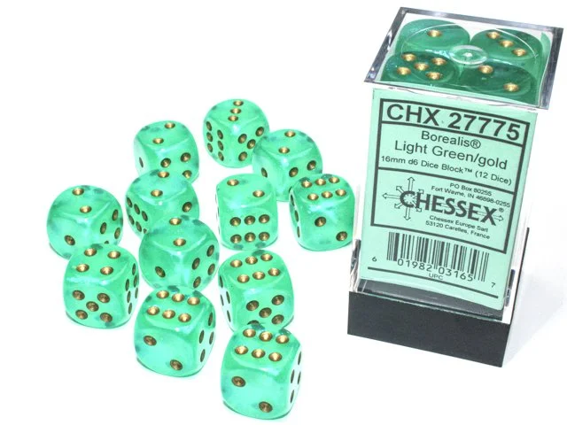 Chessex CHX 27775 Borealis Light Green/gold Luminary 16mm d6 Dice Block (12 dice)