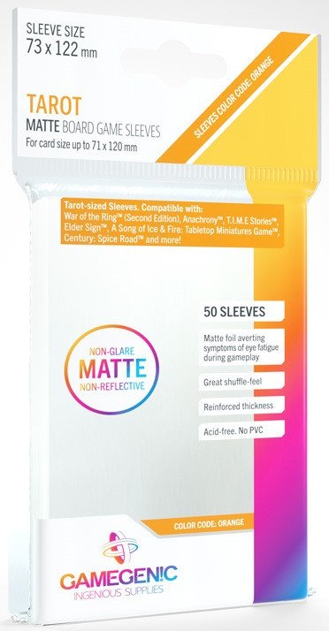 Gamegenic Matte Board Game Sleeves - Size Code ORANGE - Tarot Sizes (73mm x 122mm) (50 Sleeves Per Pack)