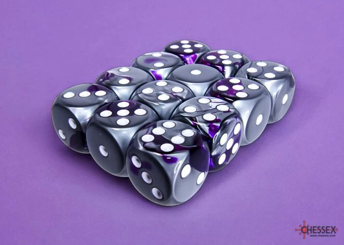 Chessex CHX 26632 Gemini Purple-Steel/white 16mm d6 Dice Block (12 dice)