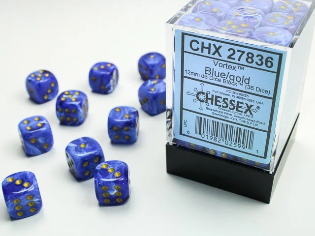 Chessex CHX 27836 Vortex 12mm d6 Blue/Gold Dice Block (36)